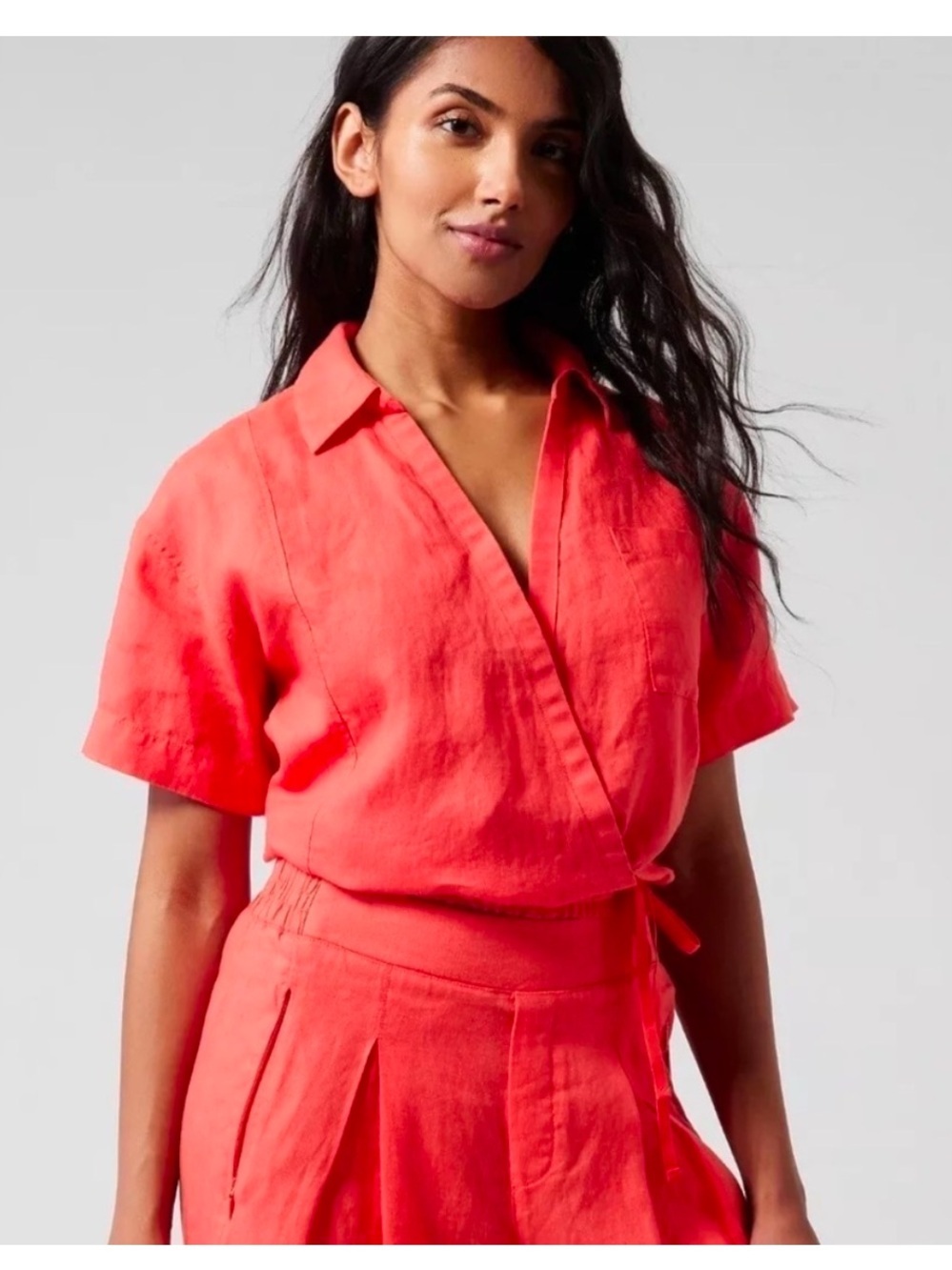Athleta 100% linen 1X Playa Coral Tie-Front Linen top